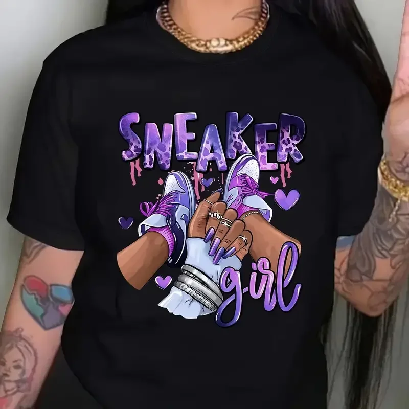 

Sneaker Girl Graphic Print T-shirt Casual Short Sleeve Crew Neck Top Women's Clothing Woman Shirt Kawaii Tee Shirt