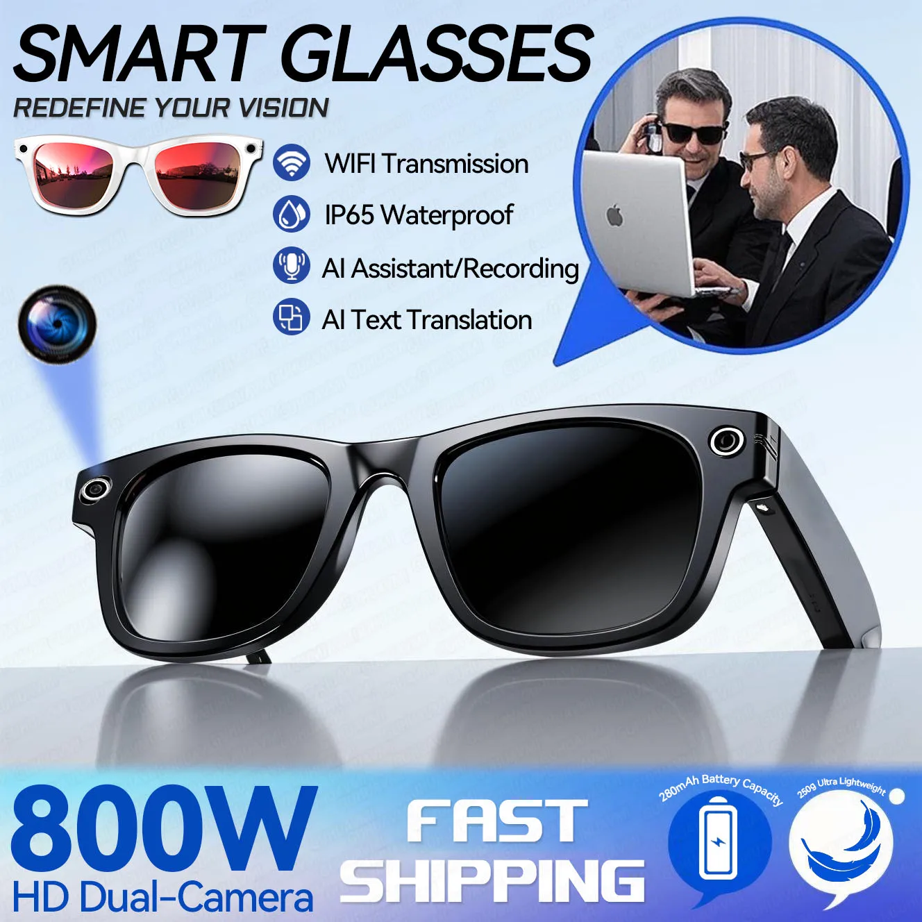 

New Smart Glasses 800W HD Bluetooth Camera 1080P Video Recording Sunglassess Real-Time Translation AI Glasses Meeting and Travel