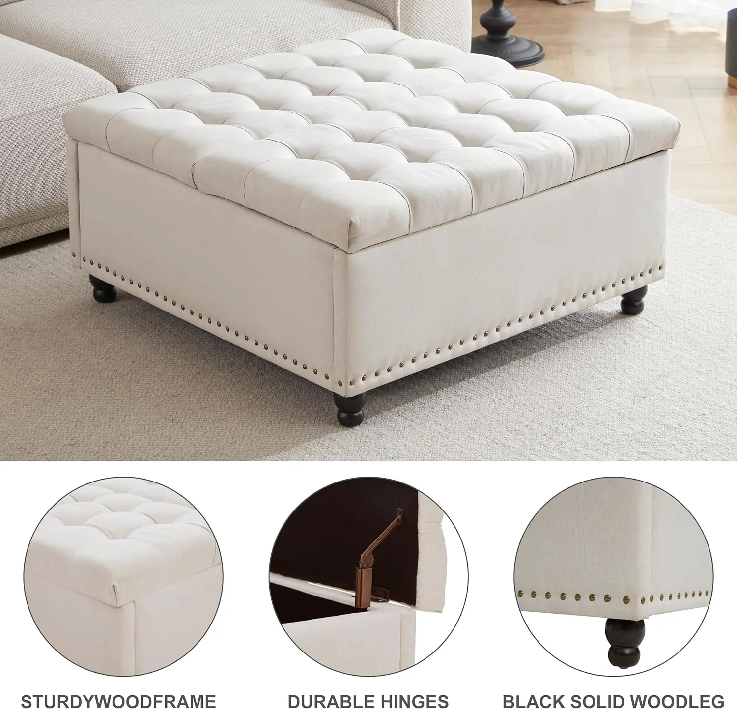 Large Square Storage Ottoman Bench, Tufted Upholstered Coffee Table Ottoman with Storage, Oversized Storage