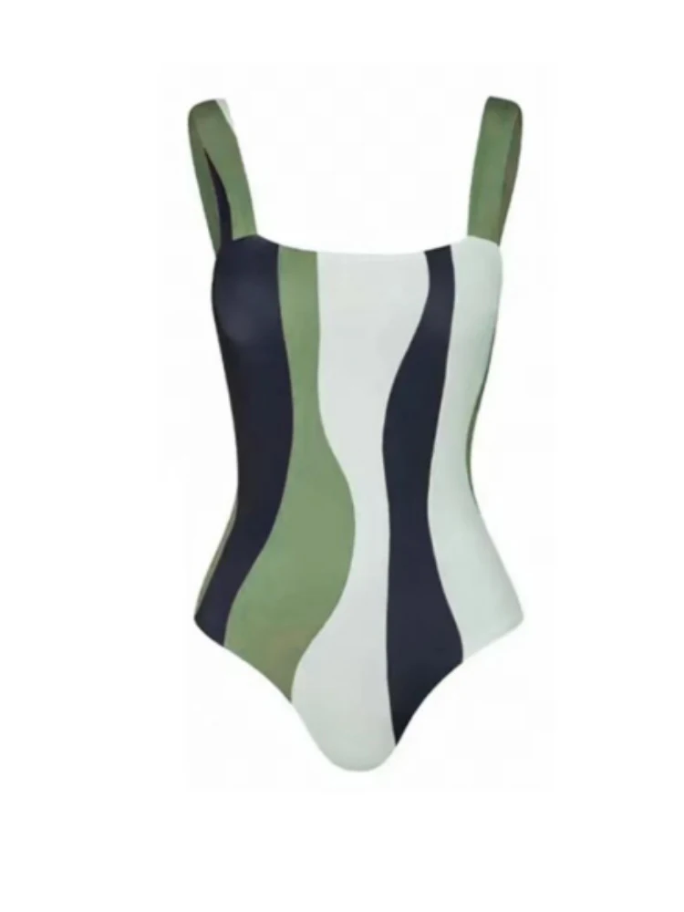 Fashion Color Blocking One Piece Swimsuit Women 2023 High Waisted Conservative Bikini Green Strap Style Swimsuit with Cover Up