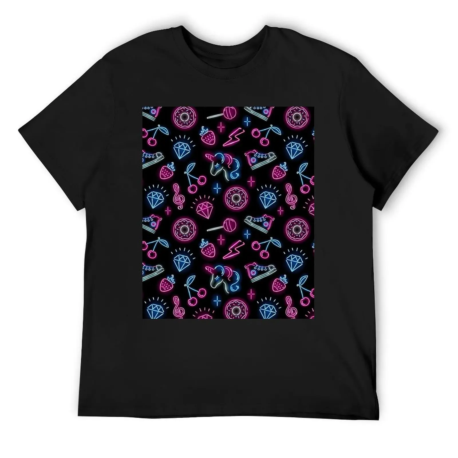 

Donuts Pattern with neon icons of unicorn face, strawberry, diamond, cherry, donut, lollypop, sneaker on black backgroun T-Shirt