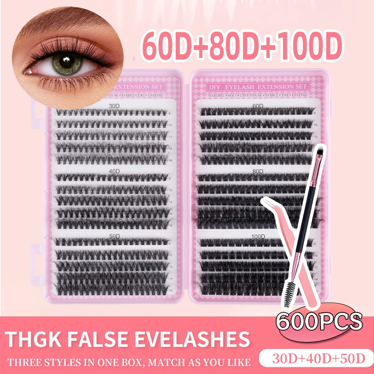 

Набор из 600 пучков накладных ресниц D-изгиба, 30D-100D, 9-16 мм, натуральные, густые, мягкие, многоразовые, для начинающих, домашний набор с двойной щеточкой и щипцами для завивки