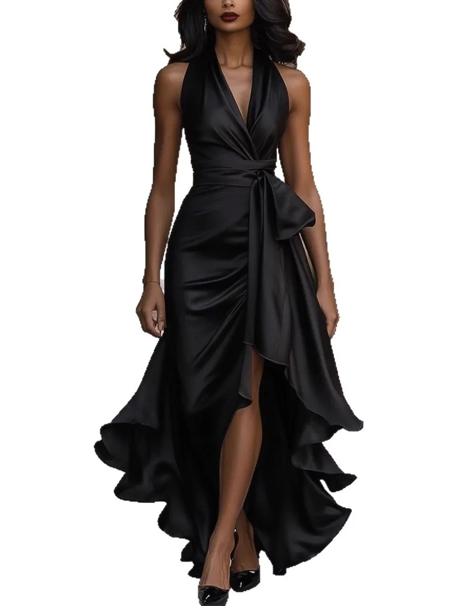 Ele Cetim Longo Svel Vestido de Cintura Alta Feminino Faion V-Ne A-Line Dr Fibra de Poliéster de Alta Qualidade