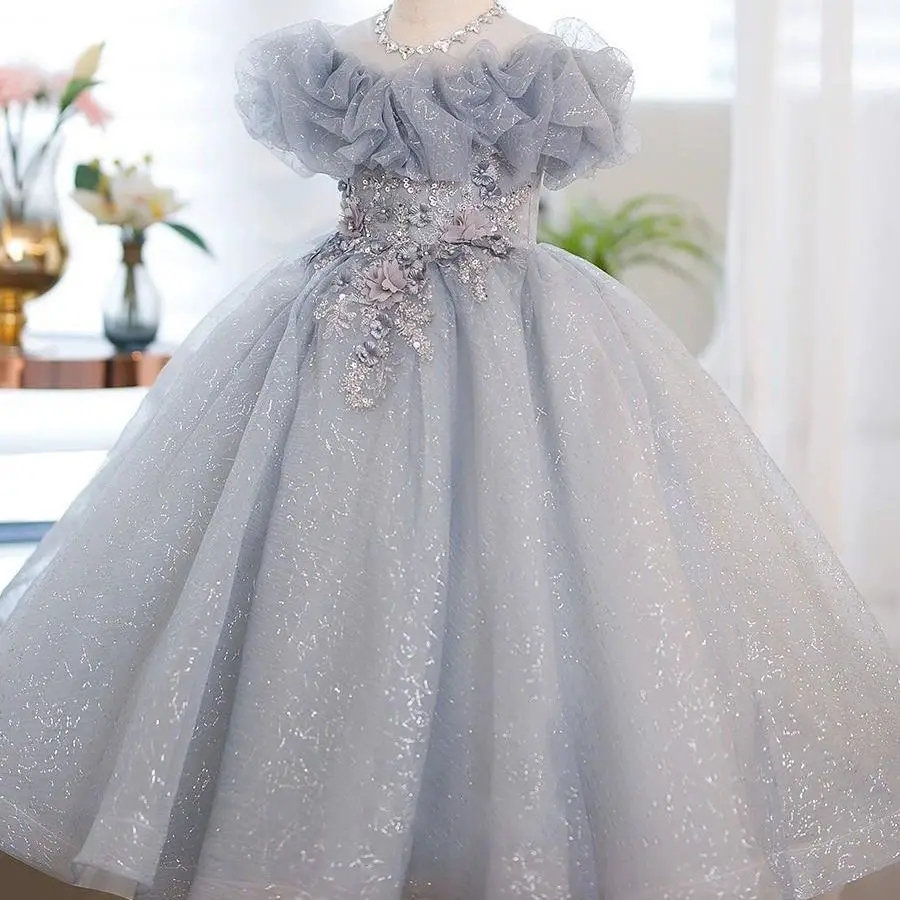 Little Girls Princess Party Gown Kids Birthday Puffy Lush Dress Graduation Children Tutu Rhinestone Dresses Flower Girls Summer