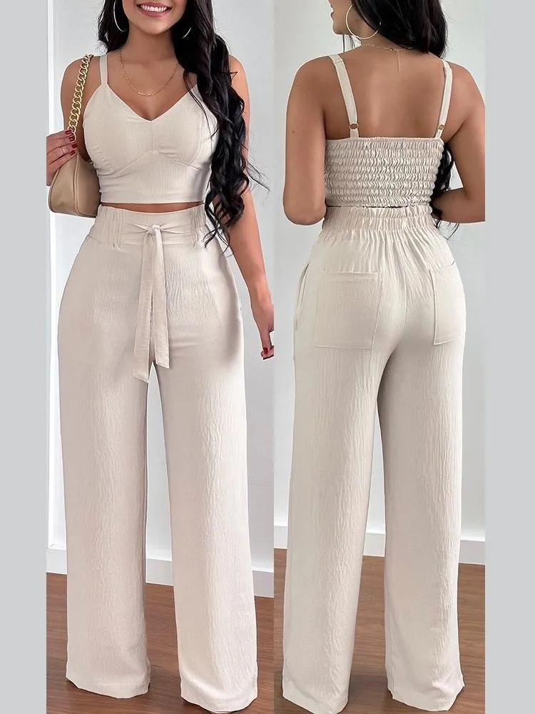 Fashion Women Print Halter V-Neck Short Tank Suit Tops Long Pants Matching Set Summer Casual Female Slim Pants Two Piece Sets