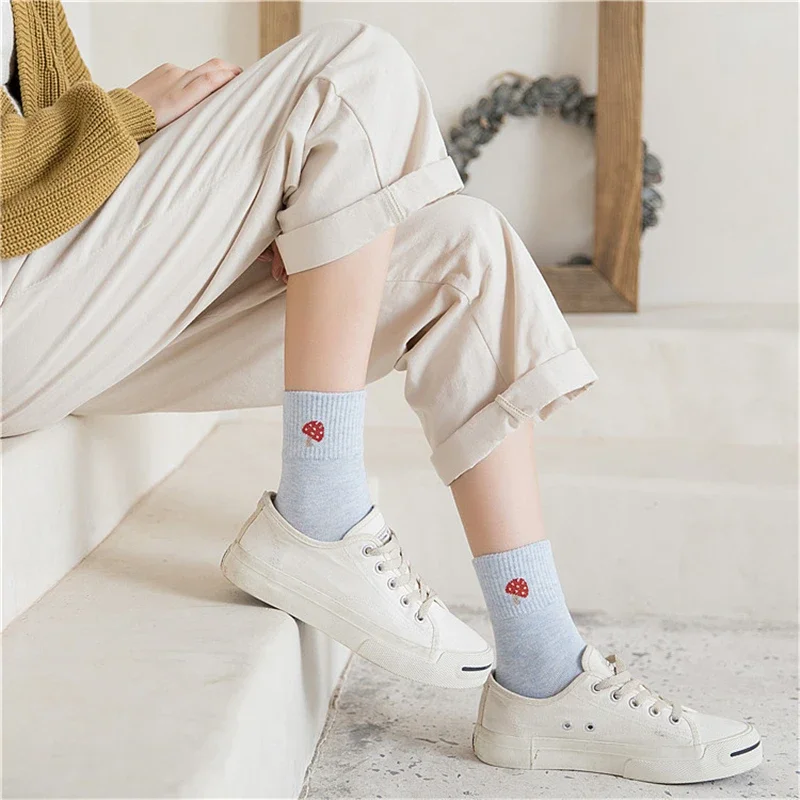 Premium Cotton Socks for Cute Women with Fruit and Vegetable Patterns, Mushroom Eggplant Green Onion Tomato Corn Sokken