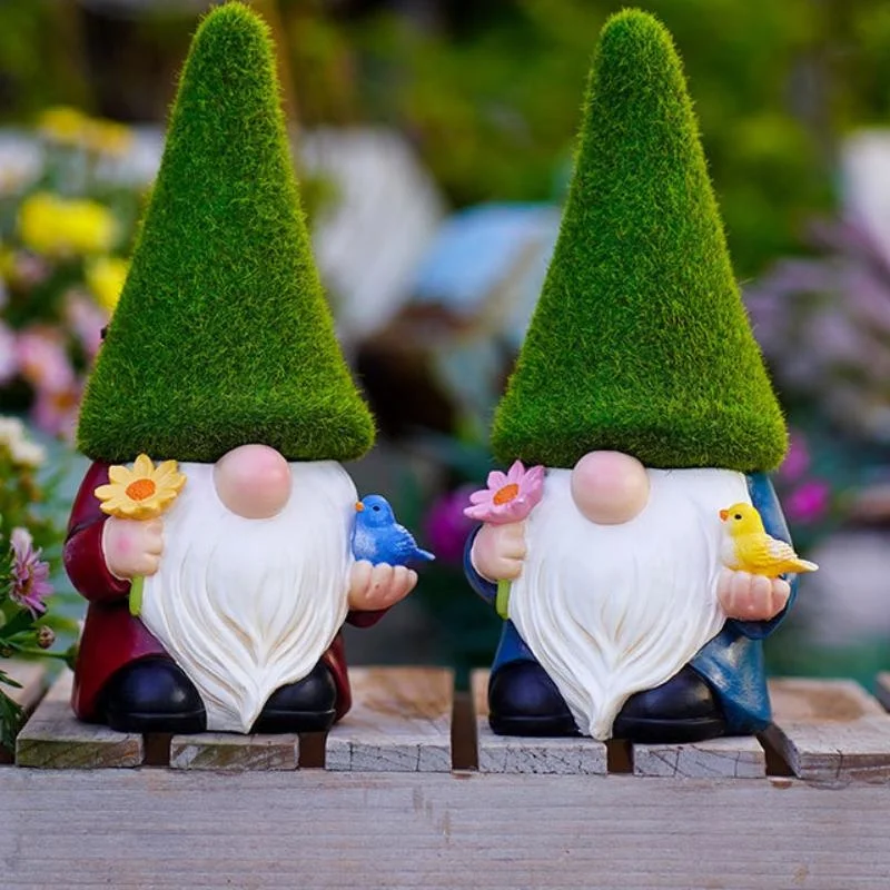 Cute Dwarf Goblin Resin Ornament Green Hat Flower Bird Old Man Dwarf Outdoor Decorative Landscape Ornament for Yard Patio Lawn