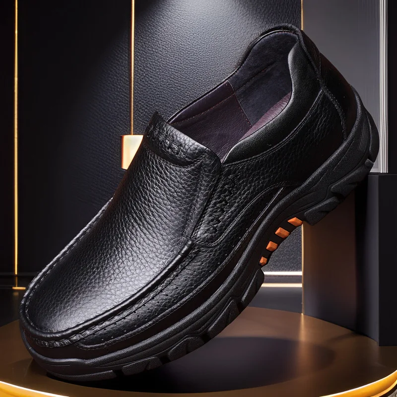 Men New Handmade Leather Shoes Thick Sole Casual Slip-on Loafers Fashion Retro Comfortable Round Head Non-slip Footwear
