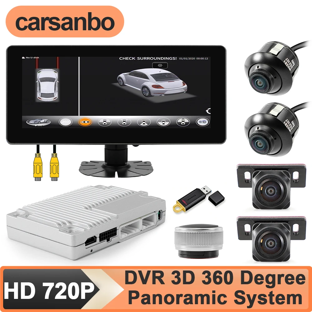 Carsanbo 360 Camera 720P 3D Surround View System 4CH Front+Rear+Left+Right View Cameras with 7