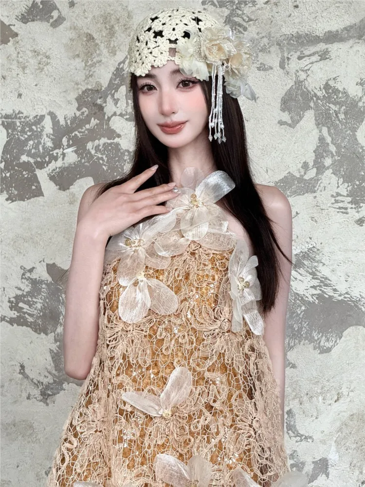 Lace neck-hanging morning robe toasting flower-decorated sequined gold long design dress
