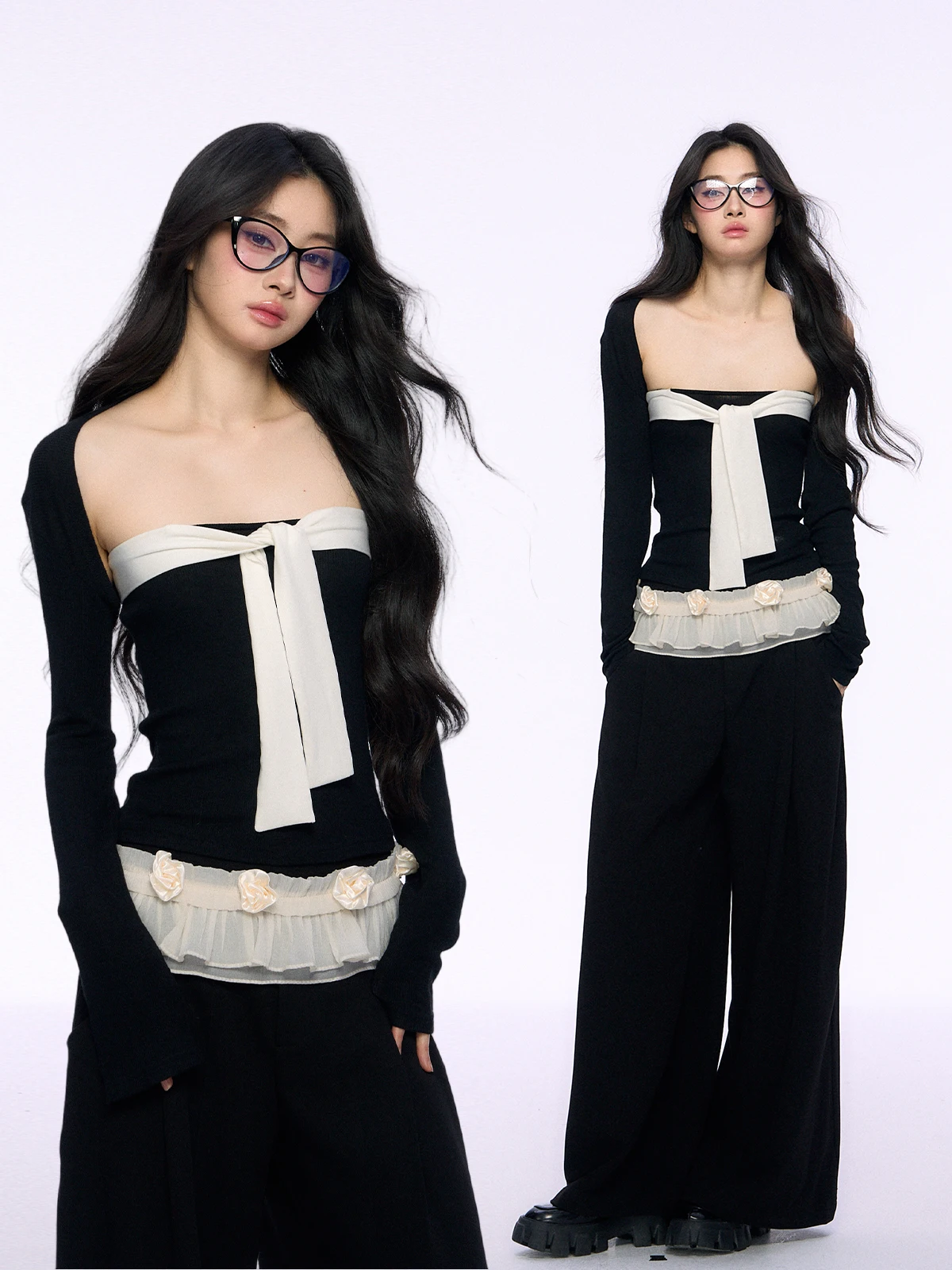 

Bla Knot Long Sve Crop Top And High Waist Pants Set Women's Faion Casual Sle Splice Cotton Blend Autumn Wear