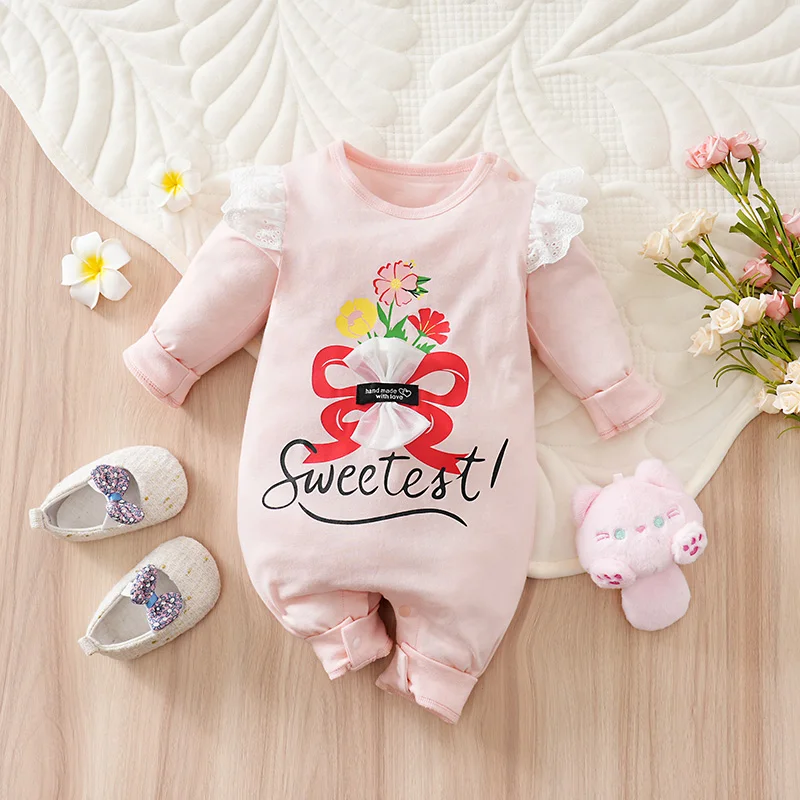 Newborn Baby Girl Romper Long Sleeve Pink Lace Ruffle Flower Bow Print 