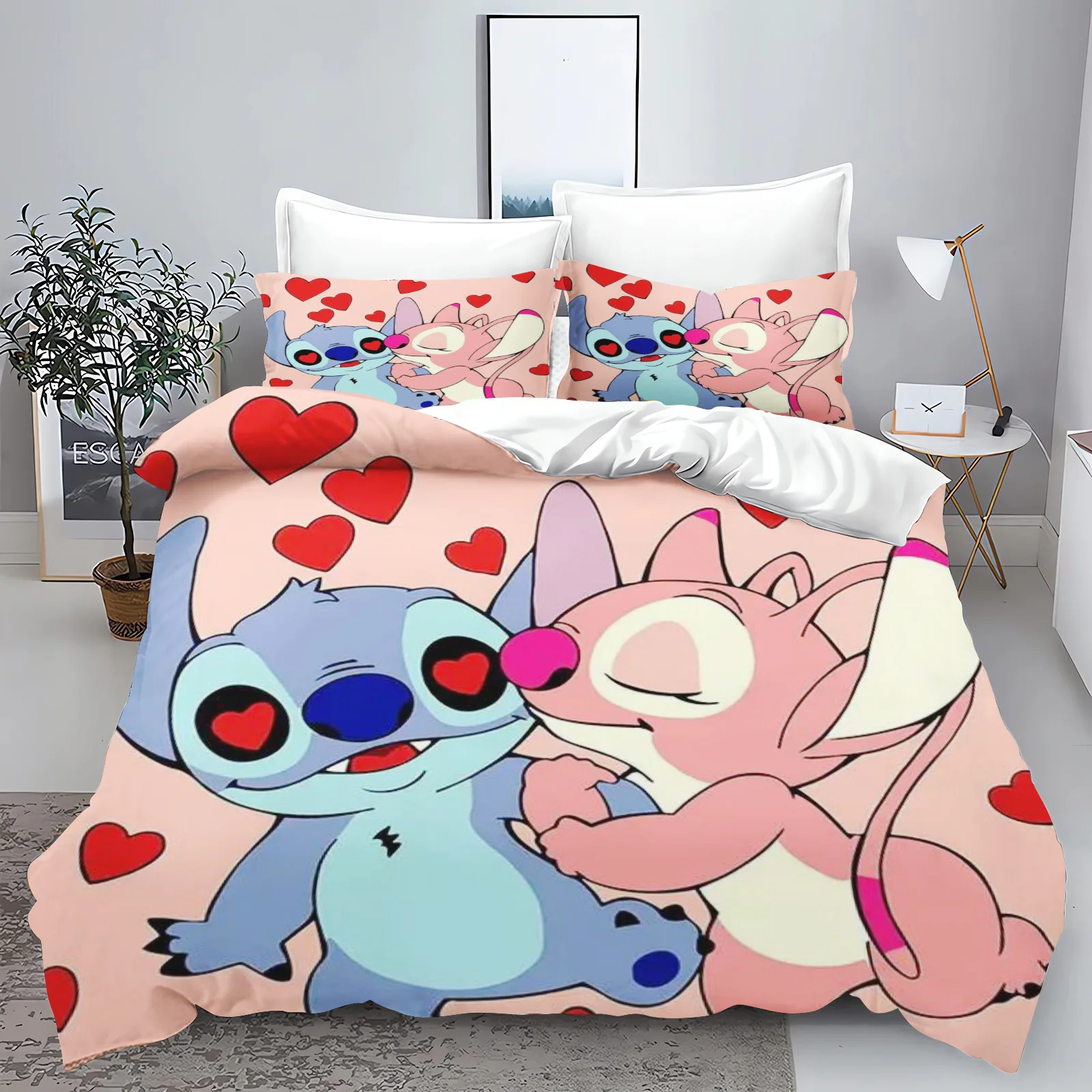 Stitch Anime Juego de funda nórdica Comforte Impreso Dibujos animados Juegos de cama de tamaño doble Regalos de Navidad 3 piezas