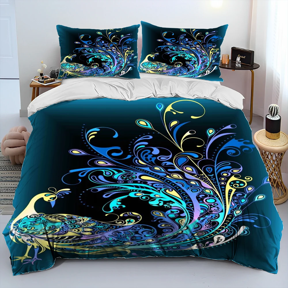 Zestaw pościeli 3D Peacock Bird Animal Cartoon Comforter, poszwa na kołdrę, poszewka na poduszkę, zestaw pościeli Queen dla dorosłych i dzieci