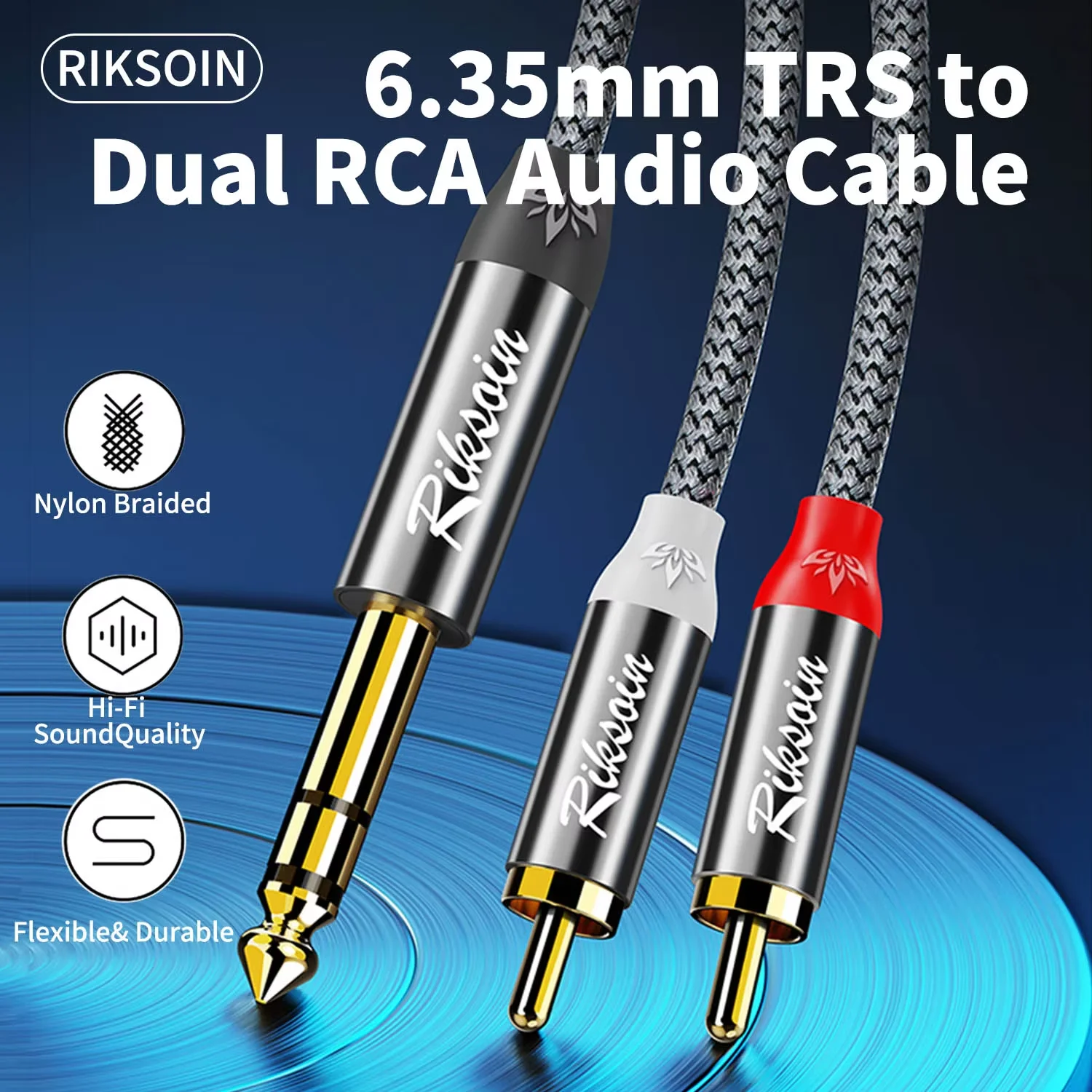 TRS To 2RCA Audio Braided Cable 6.35mm Cable Stereo Jack Cable Y Splitter Cable, Suitable For Guitar Mixing Console Speaker