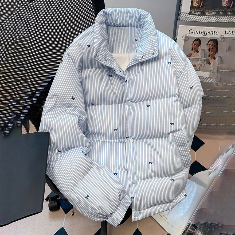 

2025 New Winter Cotton Coats for Women Trendy Blue Striped Bow Print Quilted Jacket Thick Warm Stand Collar Cotton Outerwear