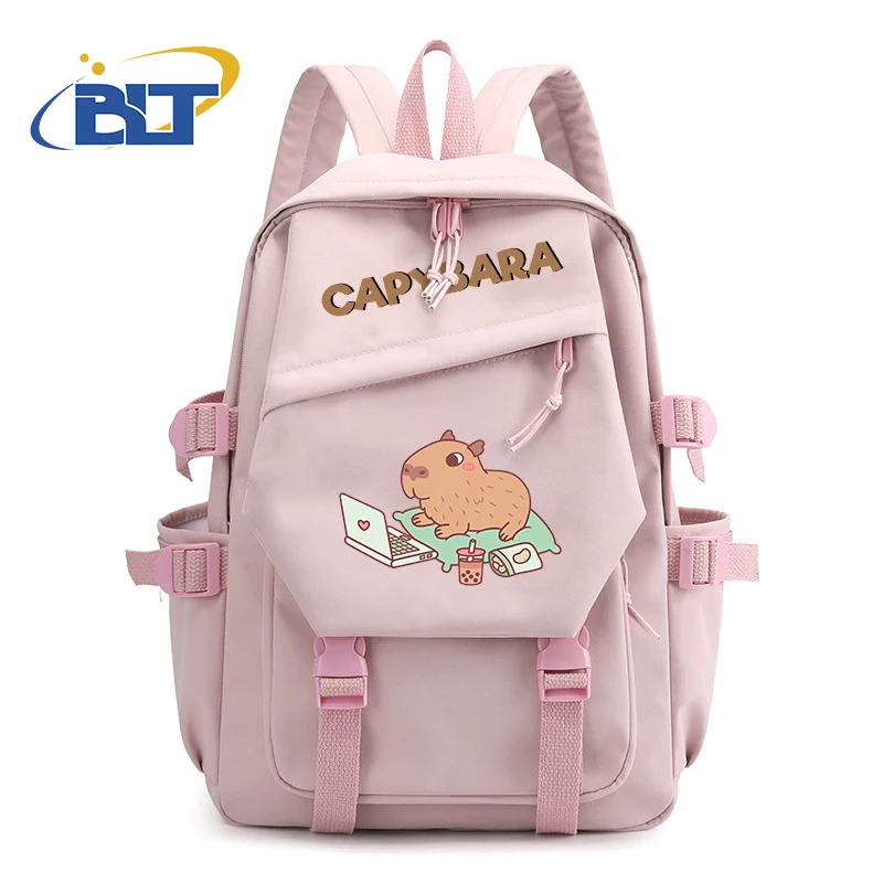 Cute Animal Capybara Printed Student Backpack Pink Girls Backpack Kids Gift