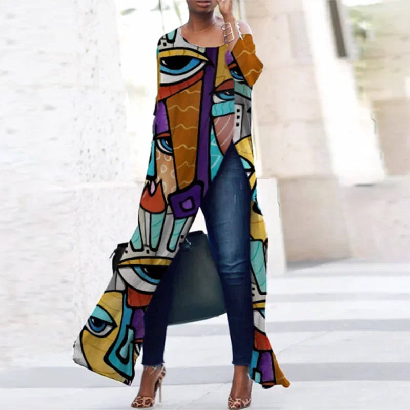 

Bonboho Cotton-Blended Printed T-shirt for Women 2024 Autumn Fashion Loose Fit Long Shirt Split-side Casual Streetwear Tops