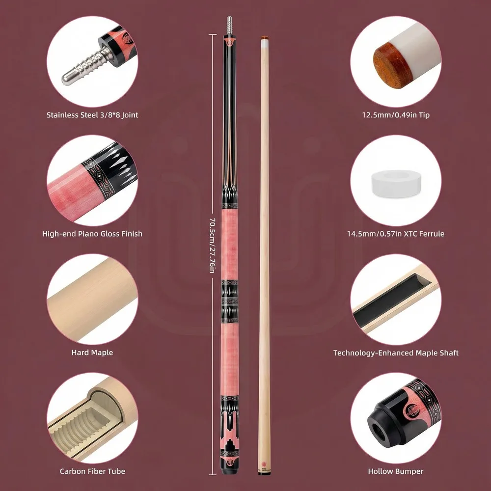 KONLLEN Pink Pool Stick for Women, Low Deflection Billiards Cue Stick, 141cm, 3/8 * 8 Cue Joint, Adjustable Weight, Stylish Blac
