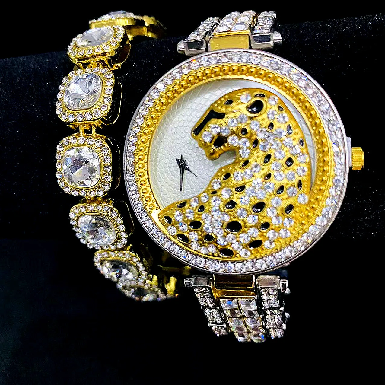 Montre glacée pour femmes, 2 pièces, Bracelet scintillant, léopard, mode, luxe, diamant, bijoux