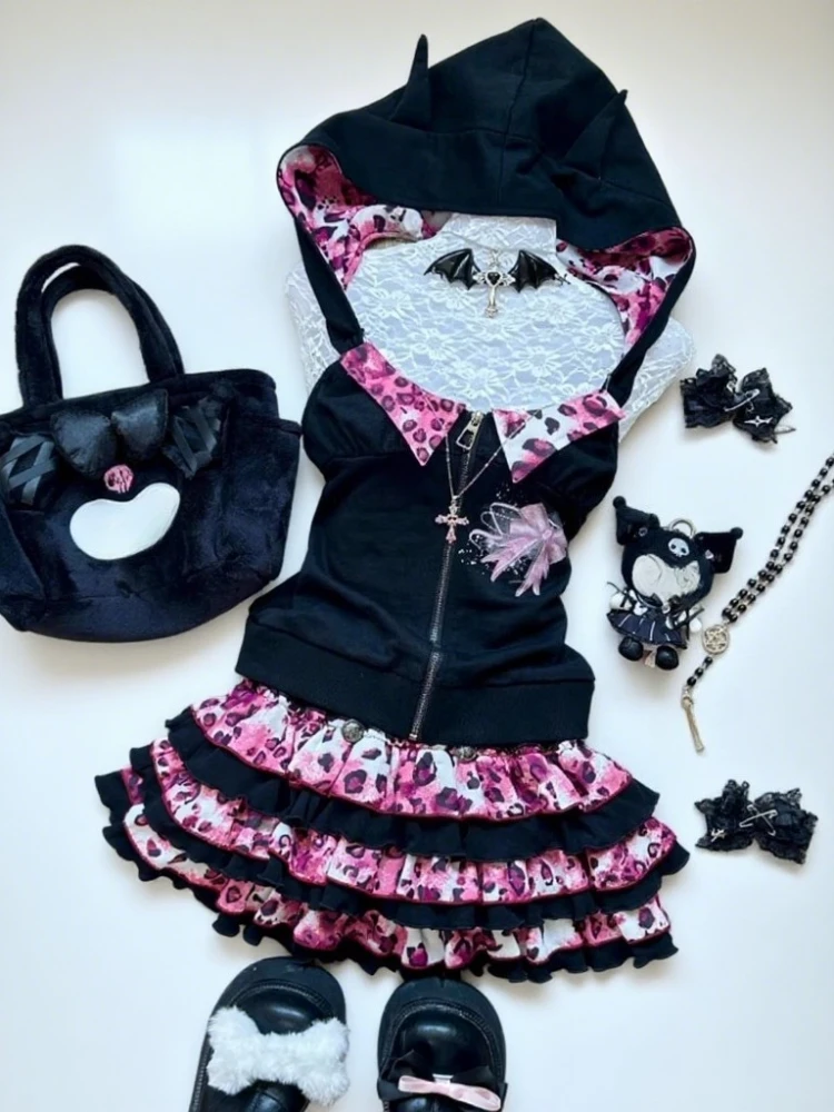 

2000s Aesthetic Sweet Hottie 2 Piece Set Women Zipper Hoodie Tops + Leopard Print Mini Skirt Retro Female Punk Y2k Chic Outfits