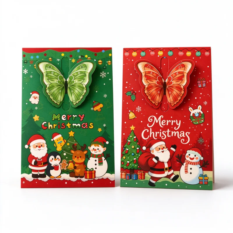 3D Pop-up Christmas Greeting Card Tri-fold Holiday Butterfly 2 Designs Mixed Pack Xmas Gift for Kids