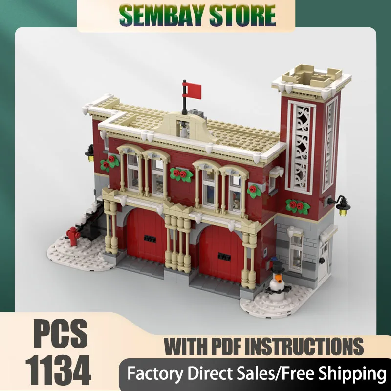 

CIty Street View Moc Building Bricks Modular Large Winter Fire Station Model Technology Blocks Christmas DIY Toy Holiday Gifts