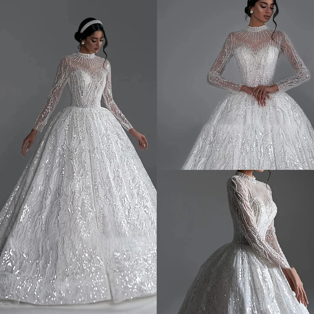 

Gorgeous Wedding Dresses Long Sleeves Appliques Lace Pearls A Line Bridal Gown Button Back Chapel Customized Vestidos De Novia