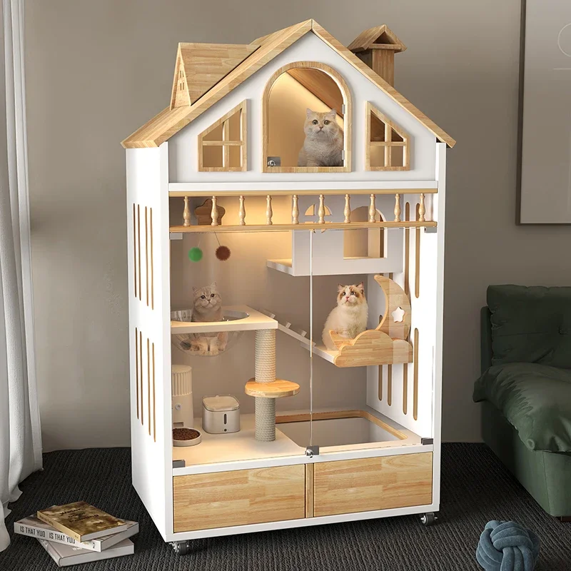 

Small apartment cat cage villa household solid wood indoor room with toilet integrated does not occupy the cat house