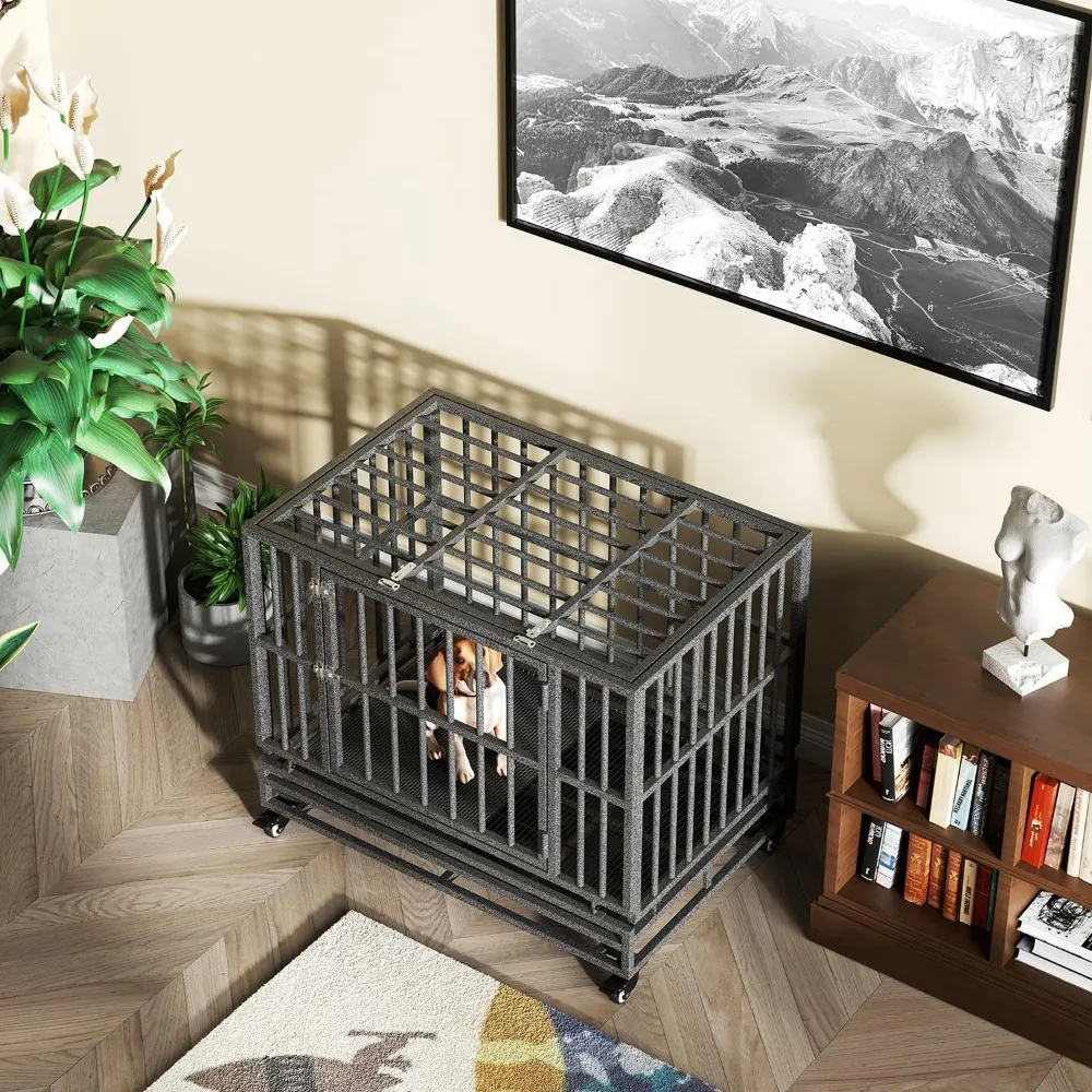 38/42/46 Inch Heavy Duty Extra Large Indestructible Dog Crate Kennel Indoor with Separation Anxiety Lockable Wheels