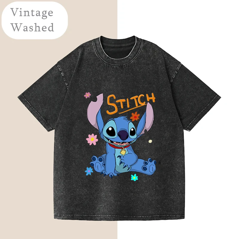 Washed Vintage T-Shirt for Women Lilo Stitch Casual Loose Tees Hip Hop Punk Streetwear Harajuku Short Sleeve Retro Woman Tops