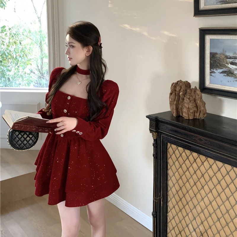 Long Sleeve Velvet Dress Women Princess Square Collar Autumn Buttons Ruffles Bling Design Fashion Temper Elegant Seductive New