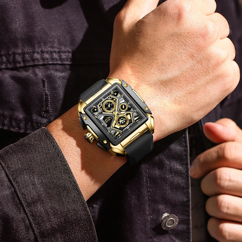 LIGE-Relógio Quadrado de Quartzo de Silicone Masculino, Impermeável, Casual, Esporte, Militar, Oco, Cronógrafo, Relógio, Caixa, Moda de Luxo