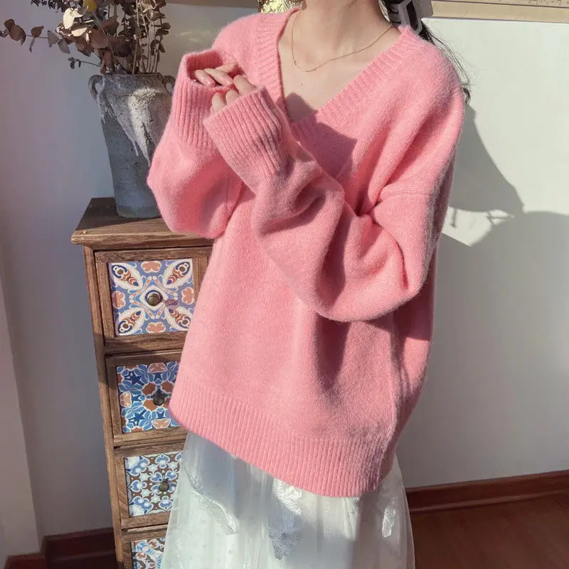 Solidny sweter z dekoltem w szpic z długim rękawem Sweter z dzianiny Elegancka moda Harajuku Slim Fit Odzież damska Luźne Casualowe Wszystkie Dopasowane Topy