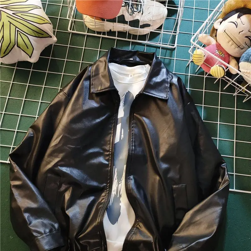 

Genuine PU Leather Jacket Men's Oversized Streetwear Couple's Baseball Jacket Rebel Style Loose​