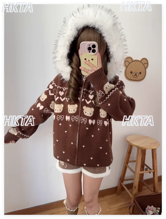 

Original Soft Girl Cute Bear Warm Sweater Jacket 2025 New Winter Thickened Hooded Knitted Cardigan Sweaters Coat for Women
