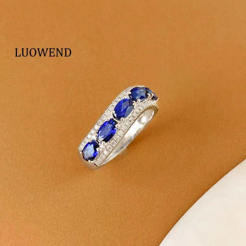 LUOWEND 100% 18K White Gold Rings Fashion INS Style Luxury Diamond Natural Sapphire Ring for Women High Engagement Jewelry