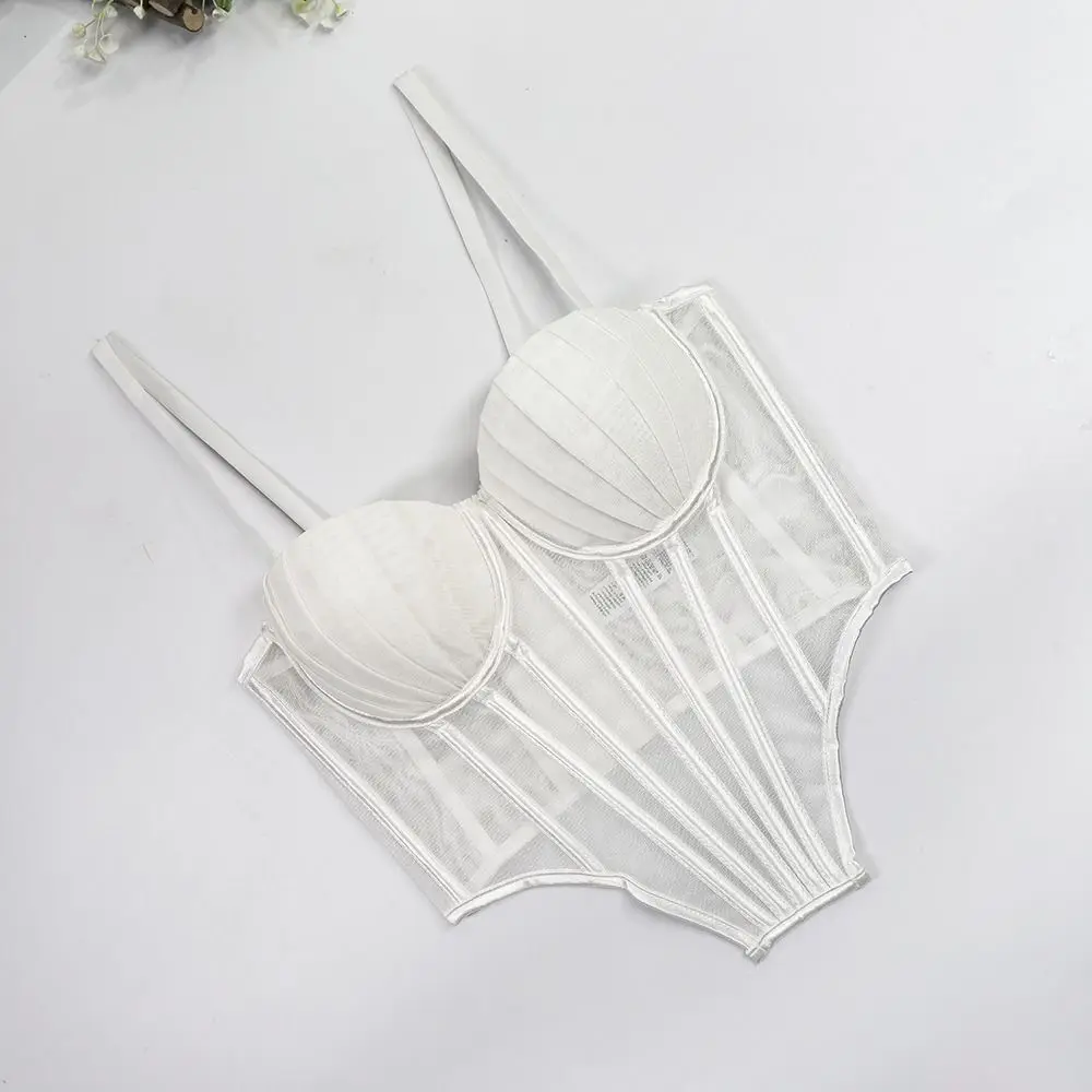 Camisola transparente elegante sin mangas con tirantes, Tops cortos de espina de pescado, ropa de calle, corsé de malla sin mangas para mujer