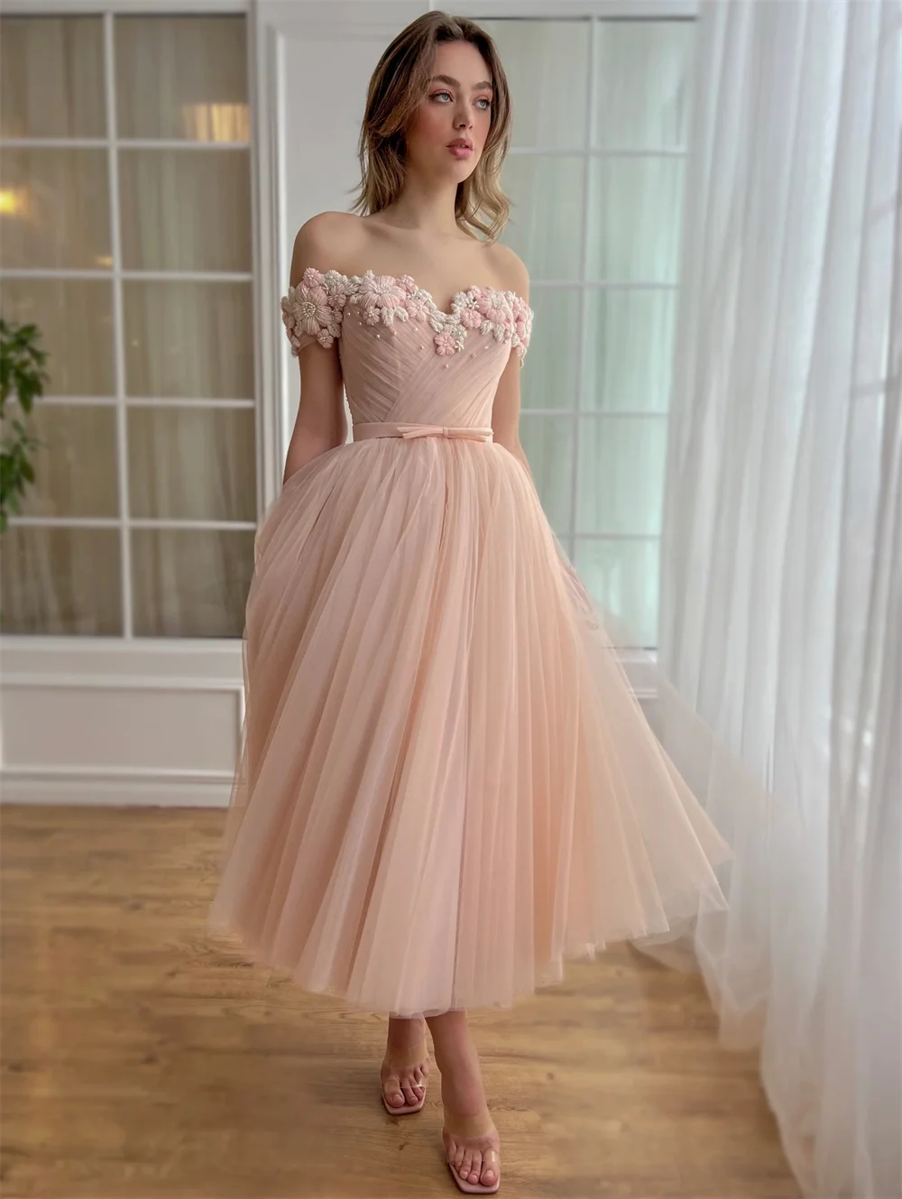 Elegant peach pink card shoulder handmade flower skirt tulle strap mini graduation prom dress homecoming party dress formal even