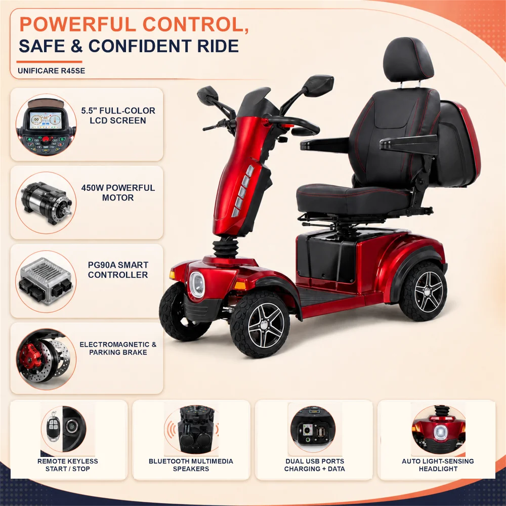 Unificare 4 Wheel Heavy Duty Mobility Scooter Comfort Swivel Seat Full Suspension Pneumatic Tires Elderly Outdoor Travel Scooter With Bluetooth Audio Keyless Start USB Charging Port Safety Lighting System
