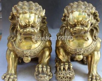 

12" Folk Chinese Fengshui Bronze Guardian Foo Fu Dog Phylactery Lion Statue Pair