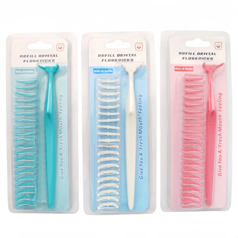 Refillable Dental Floss Picks Kit 1 Handle with 20 Refill Picks Reusable Teeth Cleaning Kit Disposable Floss Heads Long Handle