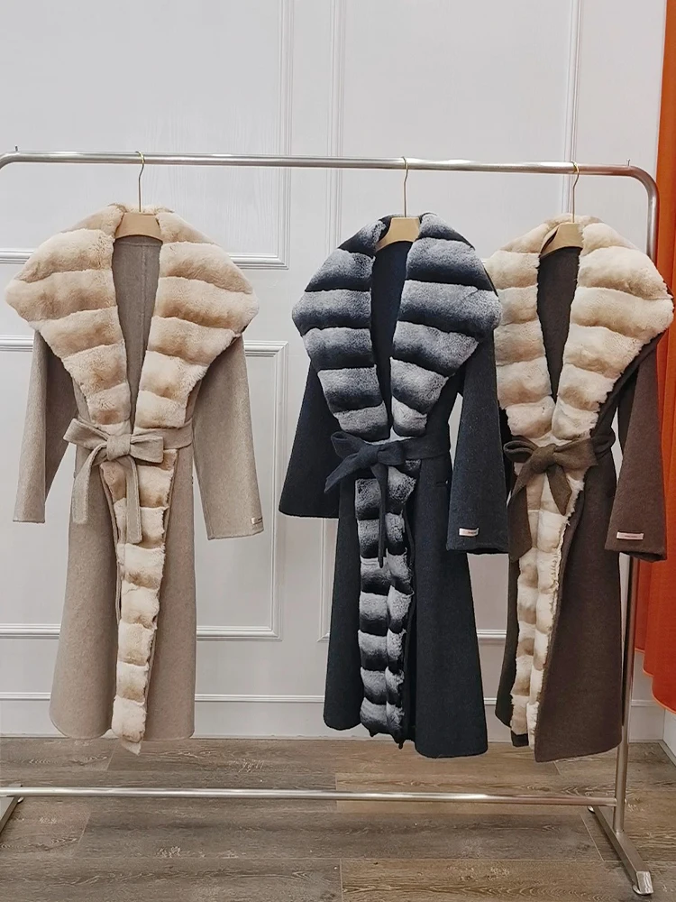 Winter Real Fur Coat Women Natural Rex Rabbit Fur Collar Jacket Long Cashmere Wool Woolen Ladies Luxury Thick Female Outerwear