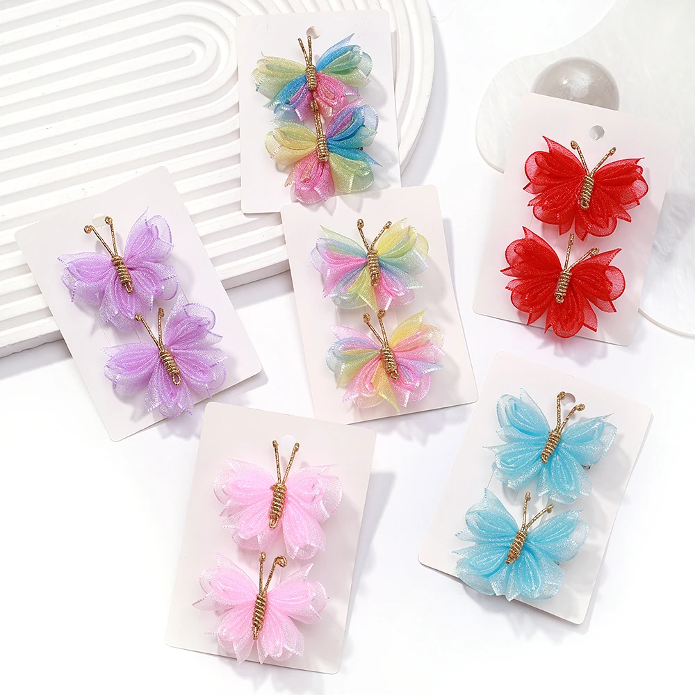 

2pcs/set Cute Gauze Butterfly Hair Clip Gradient Hairpins with Gold Accessories Headwear Girl Children Baby Hair Accessories