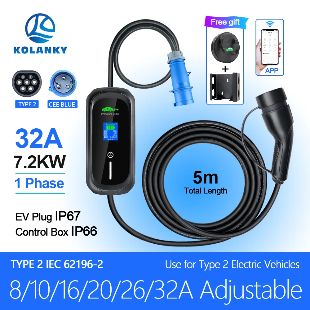 Kolanky 32A 7.2KW Mobile EV Charger Type 2 APP Wifi Control Set IEC62169 Charging Time Electric Vehicle Hybrid Car 5M