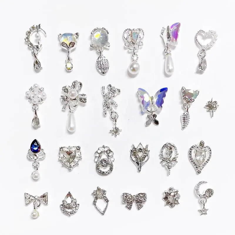 20Pcs Random Mixed Butterfly Rhinestone Nail Art Charms 3D Silver Crystal Bowknot Star Nail Art Decorations DIY
