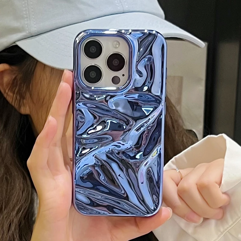 Plating Blue Glossy Water Ripple Phone Case For iPhone 17 Air 16 15 14 13 12 11 Pro Max 16 Plus Soft Shockproof Back Cover