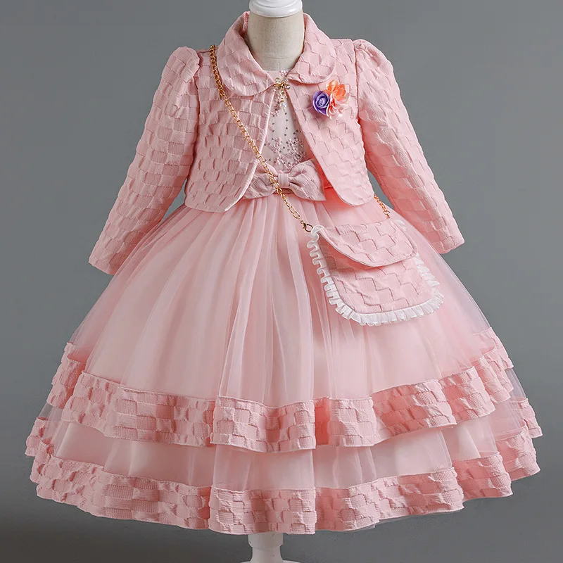 Girls Dress Set Spring Autumn Lotus Lace Fashion New Children Clothes Cute Princess Dresses And Coat Outfits 2-8 Year
