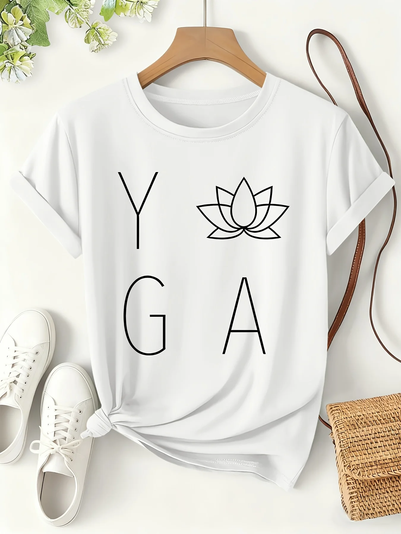 Women Yoga T Shirt Lotus Flower Graphic Tees Summer Short Sleeve O-Neck Loose Tops Minimalist Zen Meditation White Shirt Y2K