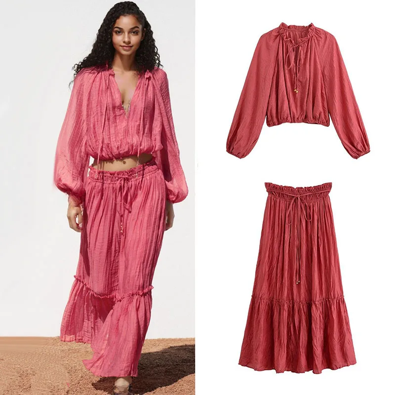 

Women Two Pieces Sets V-neck Long Sleeve Shirts+High Waist Lace-up Skirts Chic Outfits Solid Color Female Casual Clothing Suits